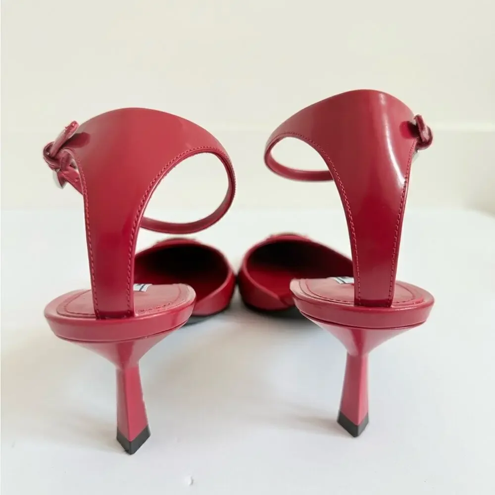 Prada Scarlet Red Leather Logo Plaque pointed toe ankle strap pumps EU 40